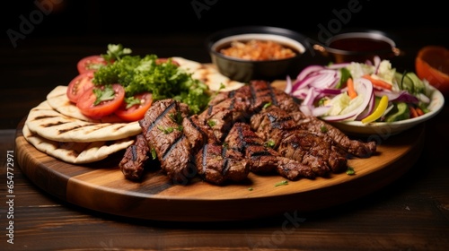 Turkish and Arabic Traditional Mix Vali Kebab Plate inside Adana, Urfa, Chicken, Lamb, Liver and Beef on bread on wooden background copy space