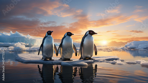 three penguins on an ice floe in ocean water in winter