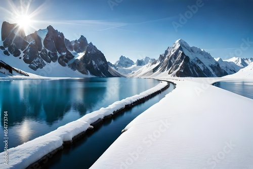 snow covered mountains,A Snowy Mountain Road Disappears into a Majestic Alpine Landscape,A Solitary Car Traces a Path Through a Serene, Snow-Blanketed Alpine Valley.