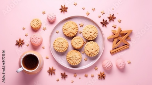 A tasty round moon cakes at mid autumn festival. Flat lay mid autumn festival food and drink on sweet beige background. Travel, holiday, food concept