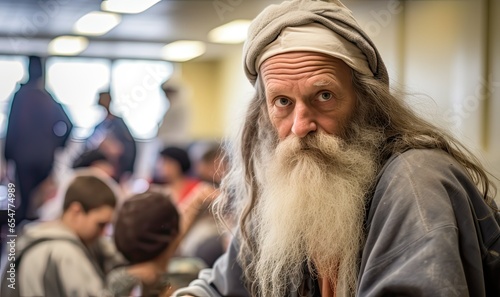 homeless European man sits surrounded by other people at a table in a shelter cafeteria,. Social problem, volunteers