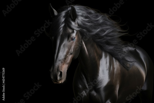 Portrait of black stallion Horse with long mane. Generative AI 