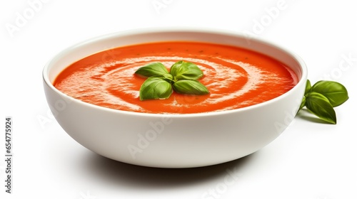 A white background highlights a bowl filled with tomato soup.