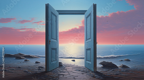 A painting of an open door leading to a beach view.