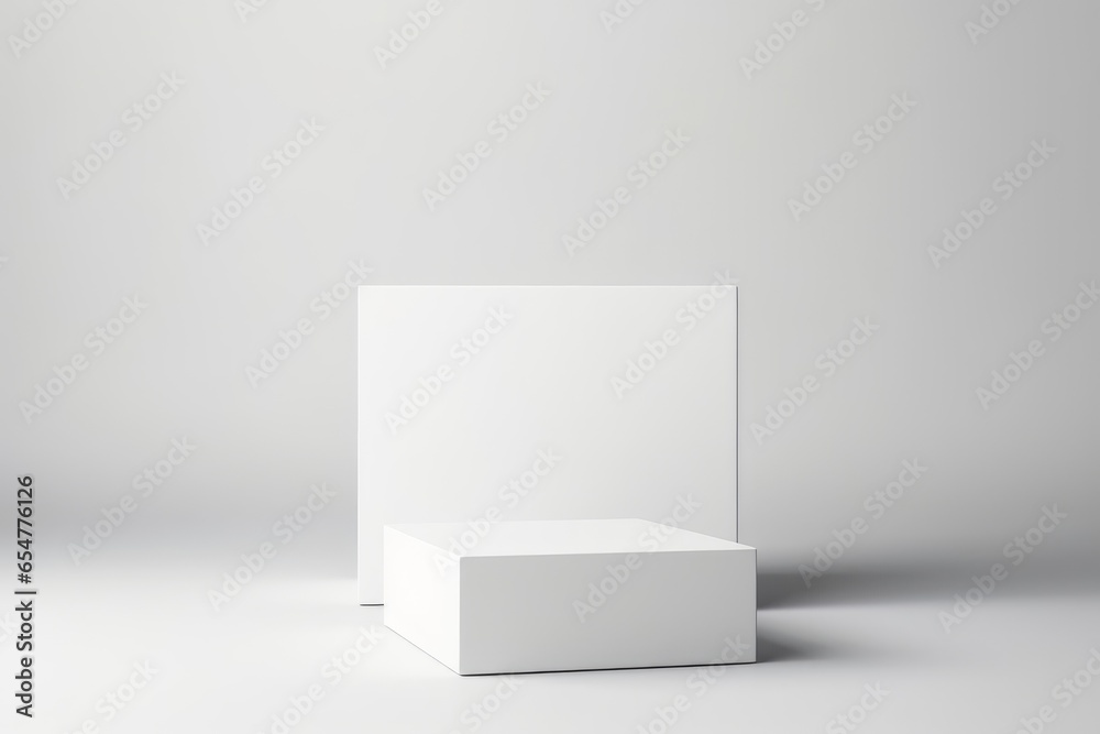 White square podium on white background. Showcase for cosmetic products, goods, shoes, bags, watches. Generative AI  - obrazy, fototapety, plakaty 