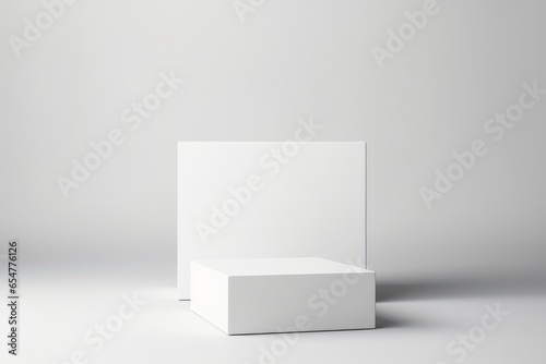 White square podium on white background. Showcase for cosmetic products, goods, shoes, bags, watches. Generative AI  photo