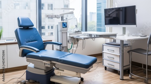 Empty dental clinic room interior with patient seat and dentist equipments and technology