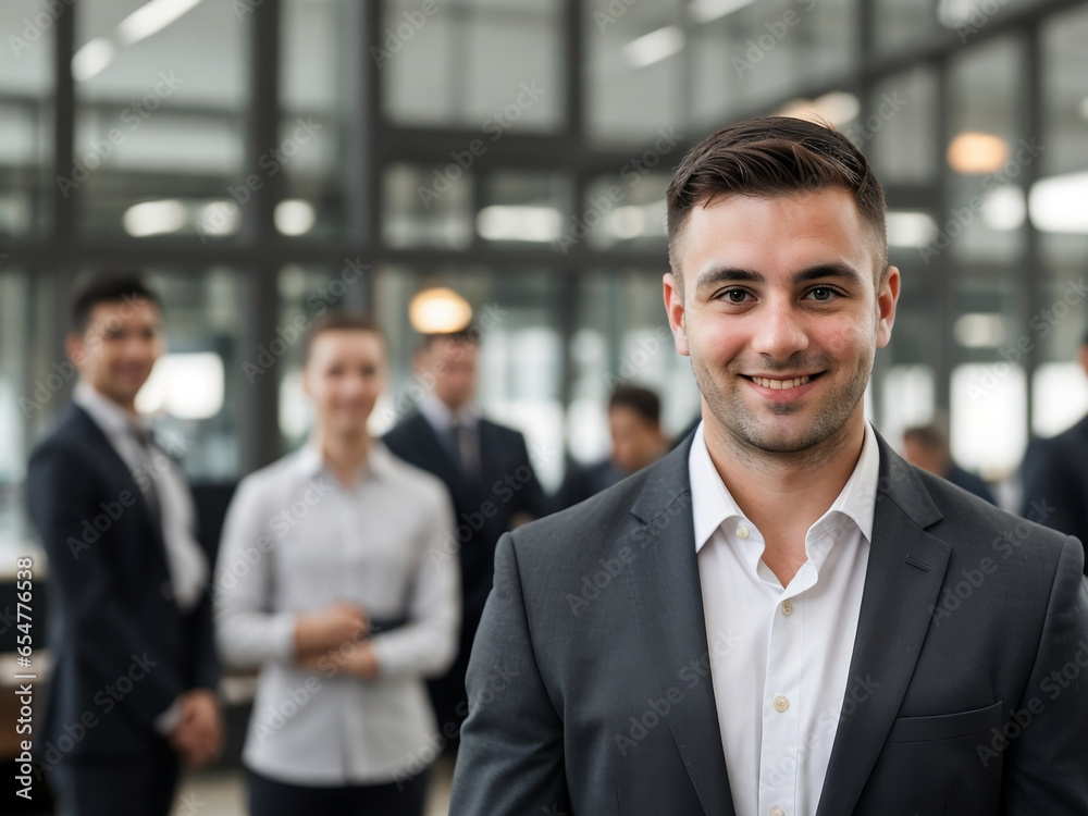 A successful team leader standing in front of the team, businessman, smiling, professional team concept A successful team leader standing in front of the team, businessman, smiling, professional team concept