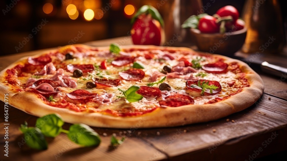 Close-up view of ITALIAN PIZZA on wooden table. True hot tasty PIZZA with salami, mushrooms, basil, olives, pepper and cheese. Nice for menu Pizzeria. High quality Close-up view of ITALIAN PIZZA on wooden table. True hot tasty PIZZA with salami, mushrooms, basil, olives, pepper and cheese. Nice for menu Pizzeria. High quality