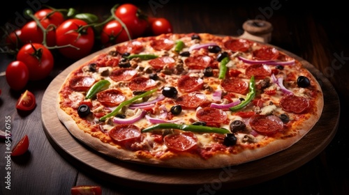 Close-up view of ITALIAN PIZZA on wooden table. True hot tasty PIZZA with salami  mushrooms  basil  olives  pepper and cheese. Nice for menu Pizzeria. High quality