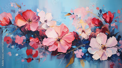A painting of pink and blue flowers photo