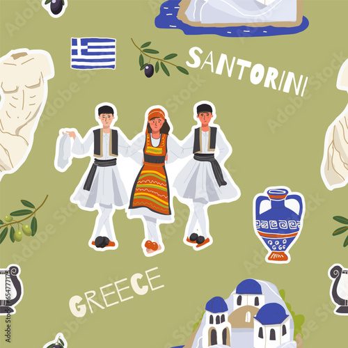 Vector illustration seamless pattern of hand drawn landmarks, attractions, sights, and symbols of Greece in doodle style. Tourism, travel.