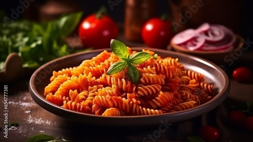 Italian-style cuisine featuring spiral-shaped fusilli pasta served with tomato sauce. photo