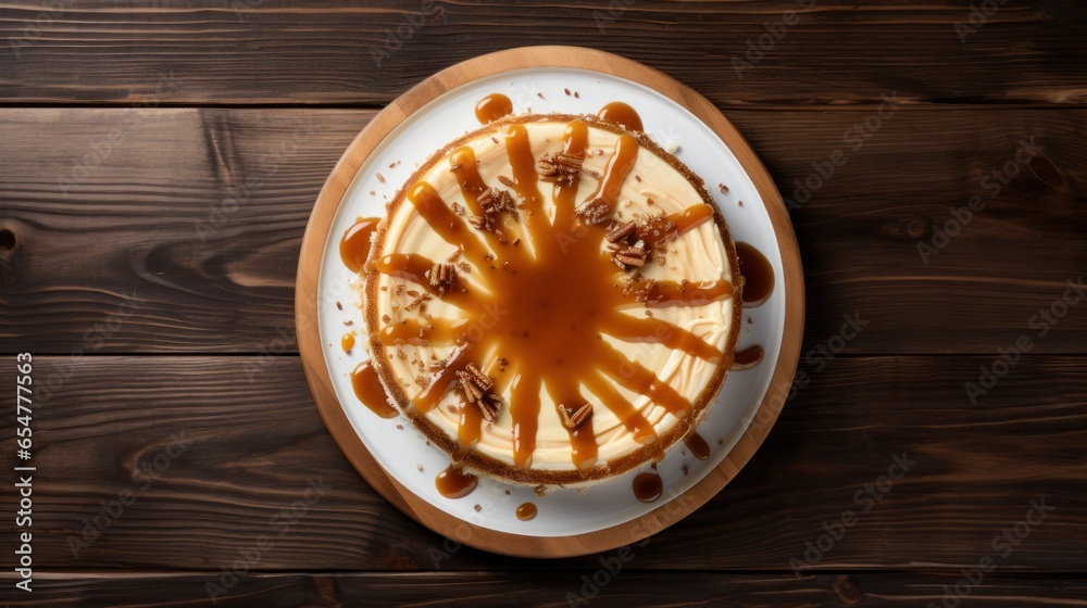 A top-down view of a slice of New York-style cheesecake drizzled with caramel sauce, displayed against a white background in a homemade presentation. A top-down view of a slice of New York-style cheesecake drizzled with caramel sauce, displayed against a white background in a homemade presentation.