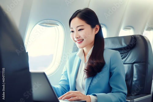 asian woman working inside airplane using digital tablet or laptop