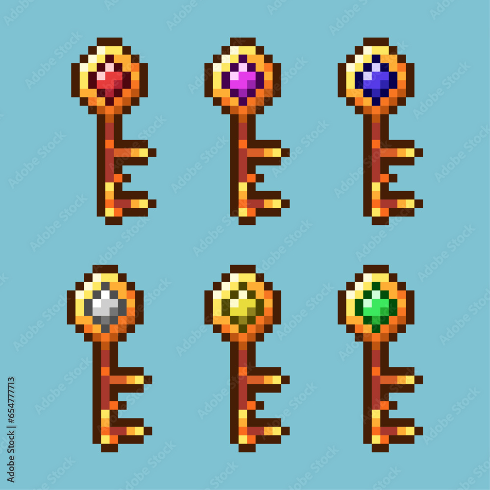 Pixel art sets of gemstone key with variation color item asset. Simple bits of key with diamond on pixelated style. 8bits perfect for game asset or design asset element for your game design asset Pixel art sets of gemstone key with variation color item asset. Simple bits of key with diamond on pixelated style. 8bits perfect for game asset or design asset element for your game design asset