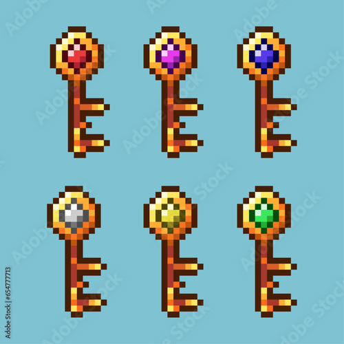 Pixel art sets of gemstone key with variation color item asset. Simple bits of key with diamond on pixelated style. 8bits perfect for game asset or design asset element for your game design asset © Andra209