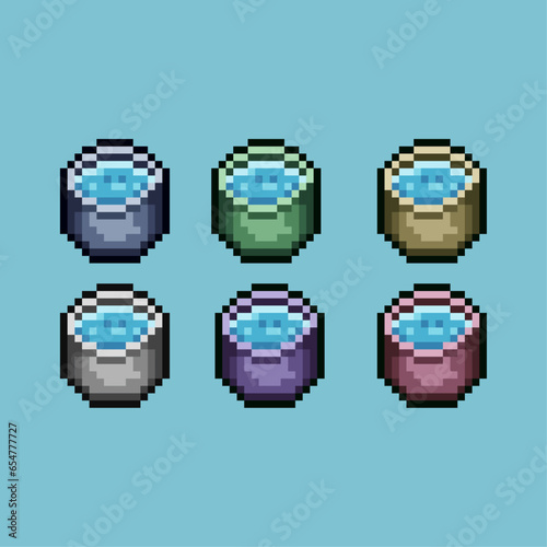 Pixel art sets of water cauldron with variation color item asset. Simple bits of water saver on pixelated style. 8bits perfect for game asset or design asset element for your game design asset