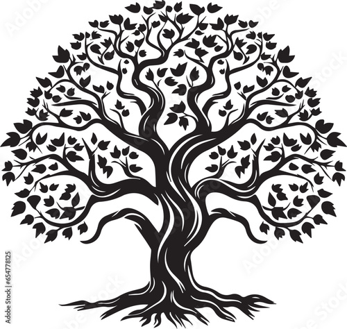 Tree with roots silhouette. Black and white tree silhouette for corporate or personal use. Simple tree vector. Tree with roots vector. Tree with leaves silhouette.