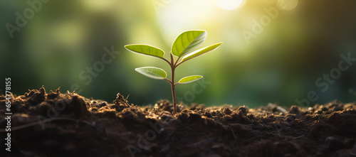Fresh green plant sprouting from soil with lush leafy background. Growth, nature, and environmental awareness theme. Vibrant and inspirational gardening concept.