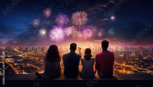 group of friends watching fireworks at mountain
