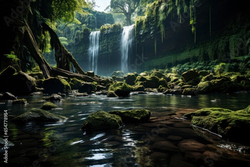 A breathtaking view of a majestic waterfall cascading down a rocky cliff in a lush rainforest