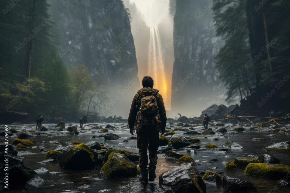 A hiker standing in awe at the base of a thundering waterfall, with the mist and spray creating a mystical and refreshing atmosphere - obrazy, fototapety, plakaty 