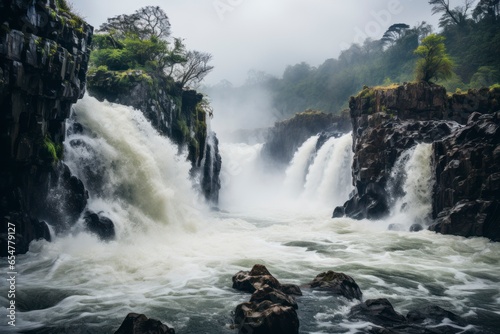 A dynamic shot of a waterfall in full force after heavy rainfall  with the water roaring and creating a mesmerizing spectacle