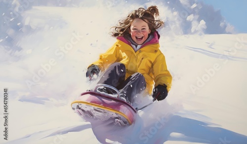 Children are sledding down the snowy slope © cherezoff