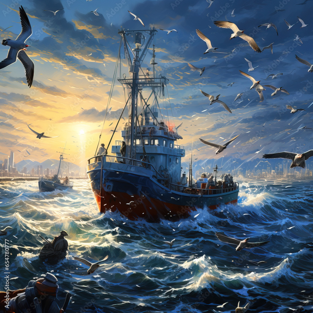 Obraz premium Sunset over a fishing ship in the ocean