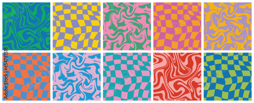 1970 Trippy Grid and Wavy Swirl Seamless Pattern Set in Neon Colors. Hand-Drawn Vector Illustration. Seventies Style, Groovy Background, Wallpaper, Print. Psychedelic Design, Hippie Aesthetic.