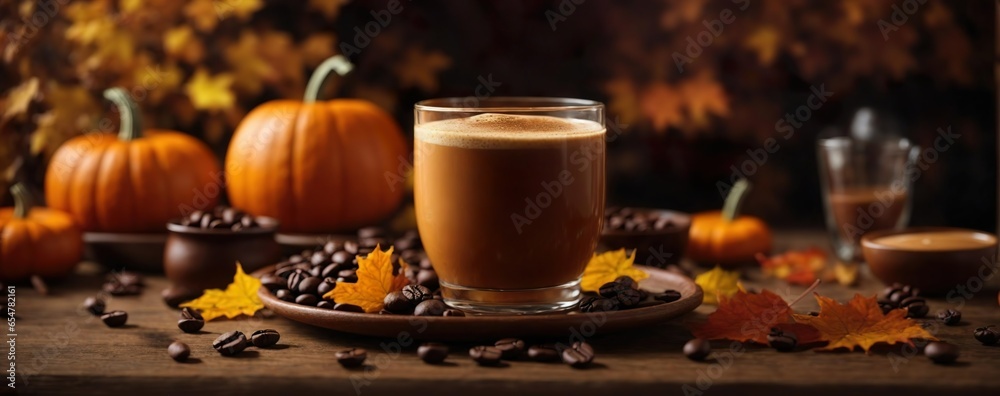 A delicious looking coffee drink on a table decorated with halloween stuff. Generative AI.