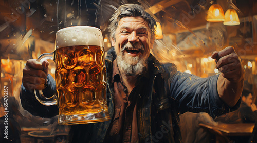 Fotografiet Cheers to Happiness: A Happy Man Raises a Glass of Beer