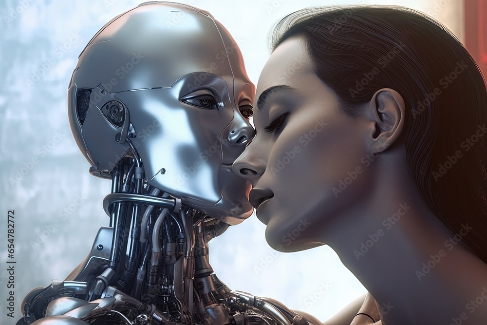 Robot kissing a woman, sci fi style. Machine emotions Robot kissing a woman, sci fi style. Machine emotions