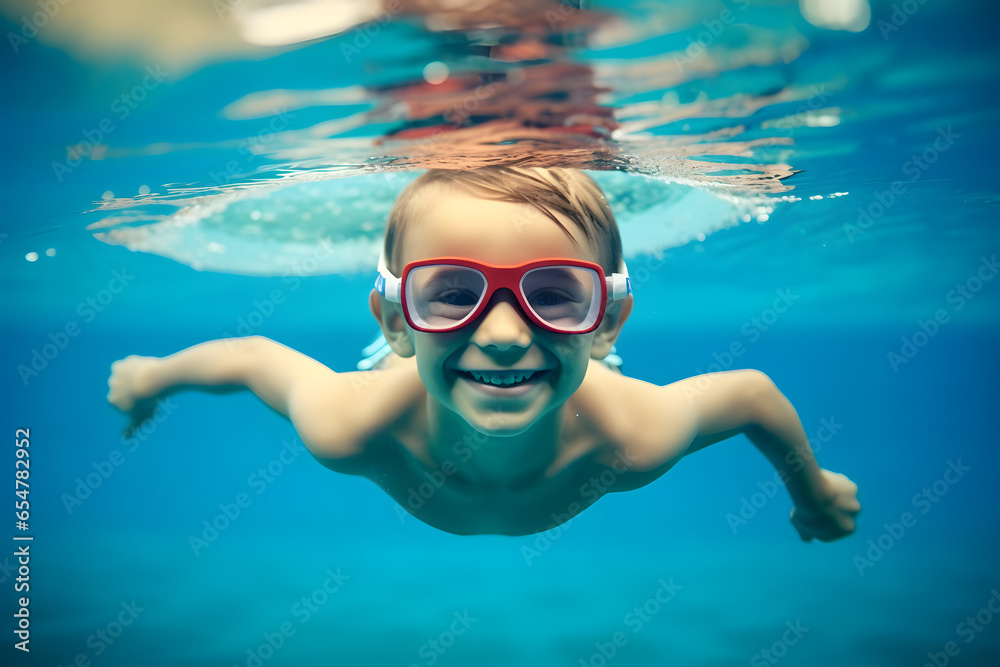 Fototapeta premium Young boy with goggles swimming underwater in swimming pool
