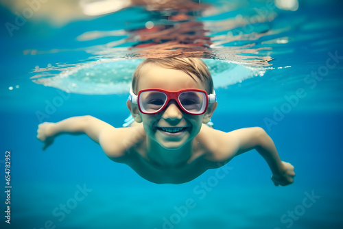 Young boy with goggles swimming underwater in swimming pool © May Thawtar