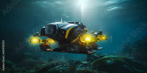 Autonomous underwater drone or robot with camera exploration seabed, An underwater submarine with a glass dome and a number of lights on the bottom. Generative AI
