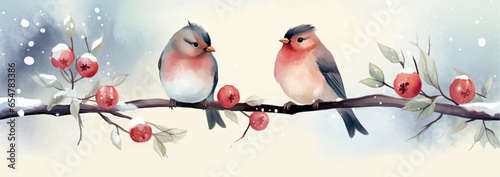 Watercolor Christmas card with bullfinches on a branch with red berries. Generated AI