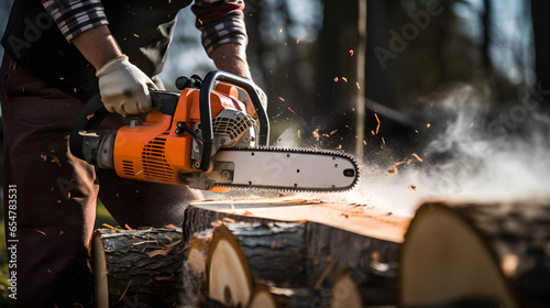 Close up of construction worker cutting trees using portable gasoline chainsaw photo