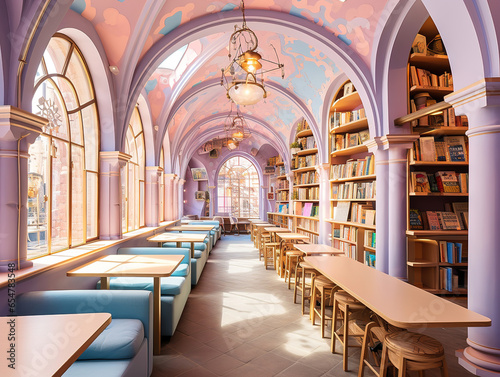 Caf   Library in Pastel Harmony  A Dreamy World of Books and Coffee