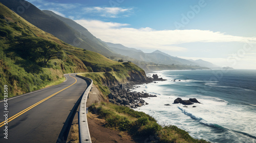 A scenic view of the ocean and a highway