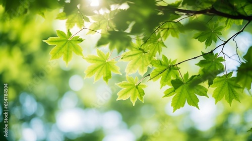 Close-up view through maple tree leaves in warm sunlight