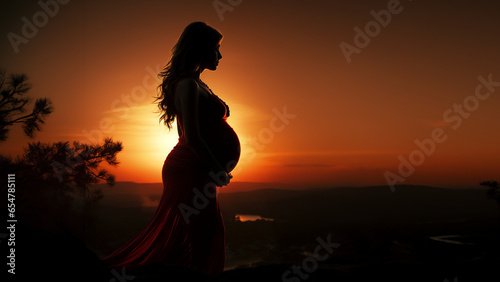 Schwangere Frau mit Babybauch und langen Haaren Stilvoll in der Abendsonne im Schatten im Querformat für Banner, ai generativ