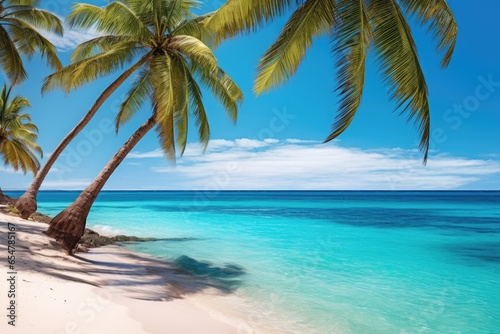 palm trees and turquoise sea on the coast © PinkiePie