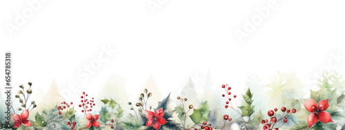 Watercolor christmas border with holly and mistletoe. Hand painted illustration. Generated AI