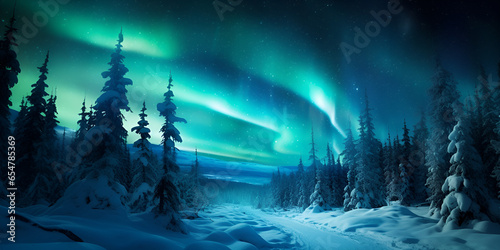 Idyllic Winter Night, Beautiful Nature Winter, A landscape with the aurora borealis above it, generative Ai