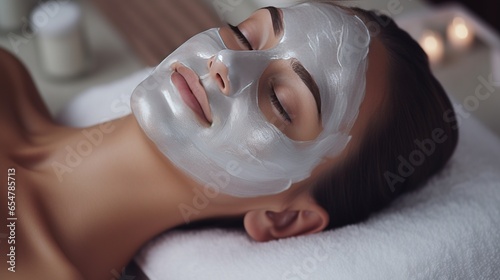Beautiful young woman with facial mask in spa salon. Beauty treatment