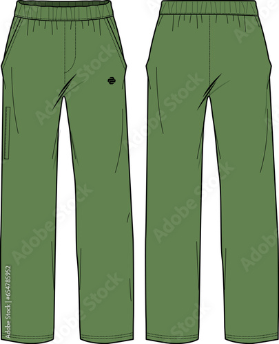Wide leg bottom Pants design flat sketch vector illustration, Track jogger pants concept with front and back view, Sweatpants for running, jogging, fitness, and active wear pants design.