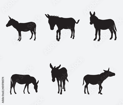 A set of detailed high quality donkey farm animal silhouettes