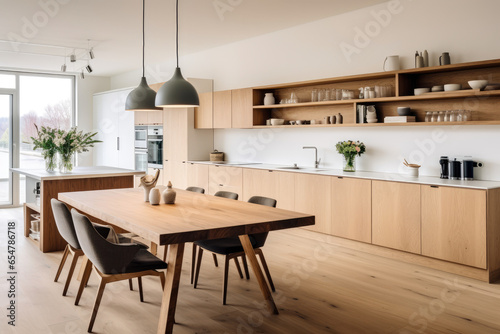 A Sleek and Cozy Scandinavian Modern Rustic Kitchen with Natural Elements, Clean Lines, and Light-Filled White Interior